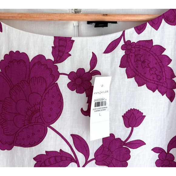 NEW Ann Taylor Linen Blend Floral Shift Dress White Magenta 3/4 Sleeve Office L - Picture 2 of 15